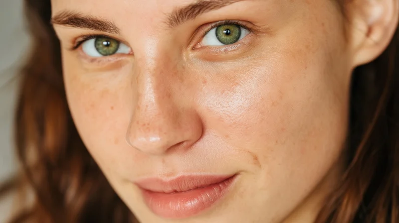 Close-up of a woman's face showing green eyes and freckled skin with soft natural light