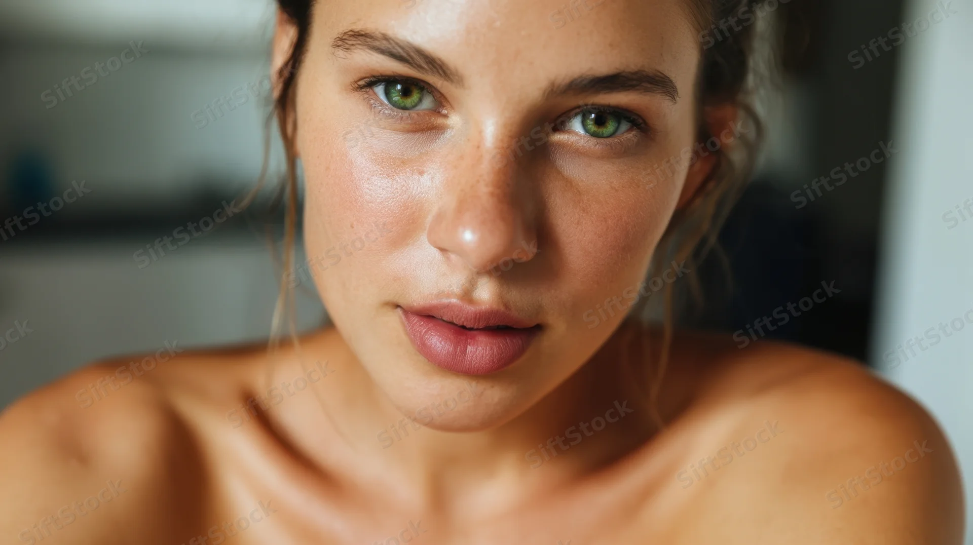 Close-up of a woman with green eyes and freckled skin looking directly at the camera indoors