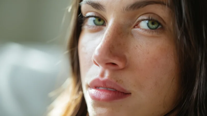 Close-up of a young woman’s face with green eyes and freckles, soft natural light indoors
