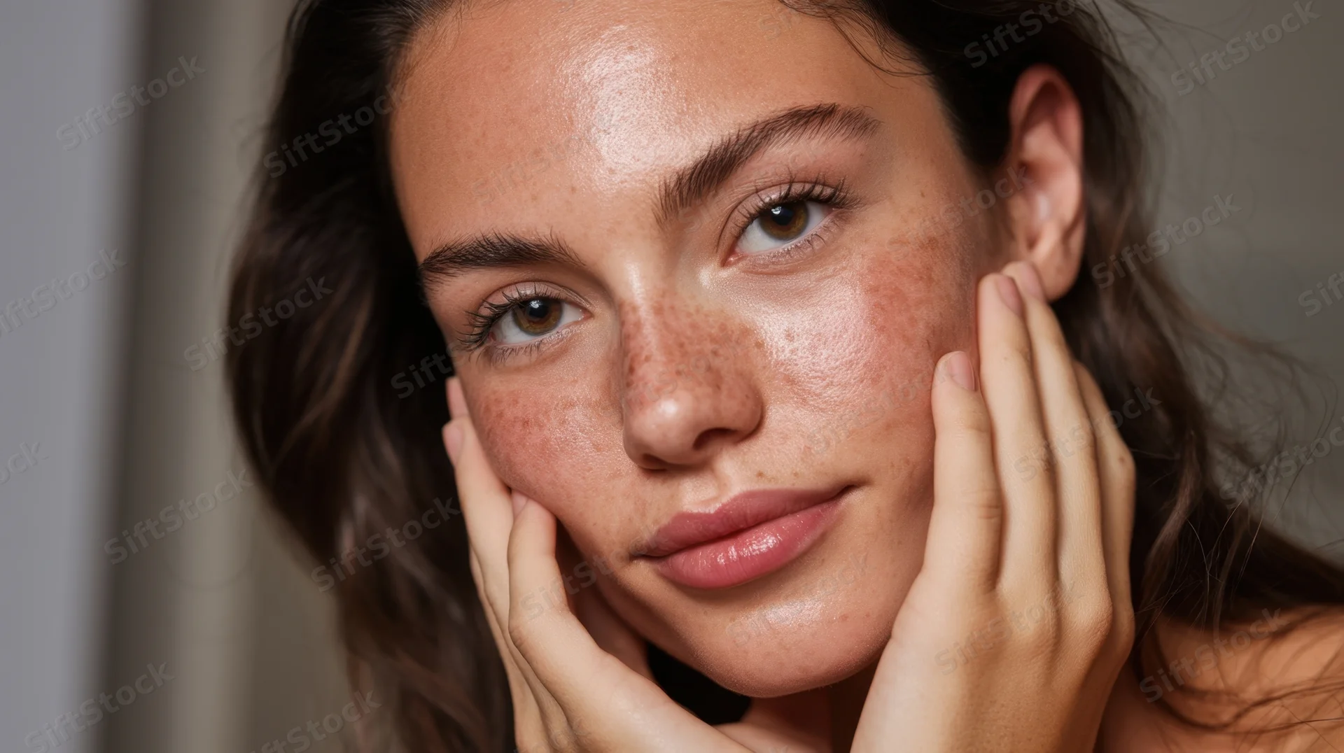 Woman touching her face with hands, close-up portrait indoors