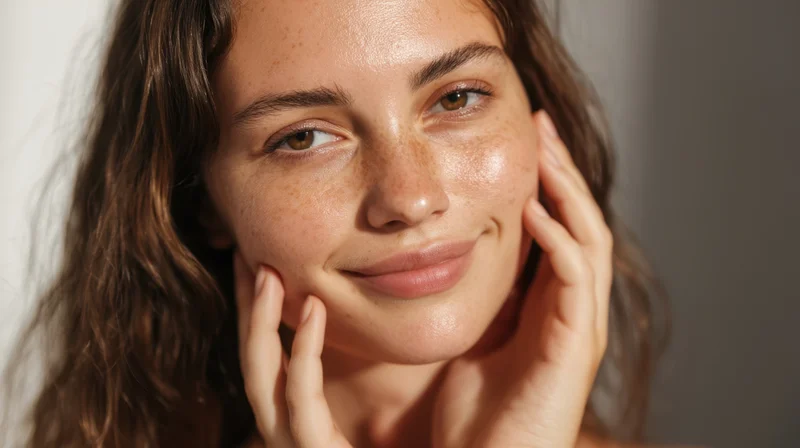 Woman smiling gently with hands touching her face in close-up portrait