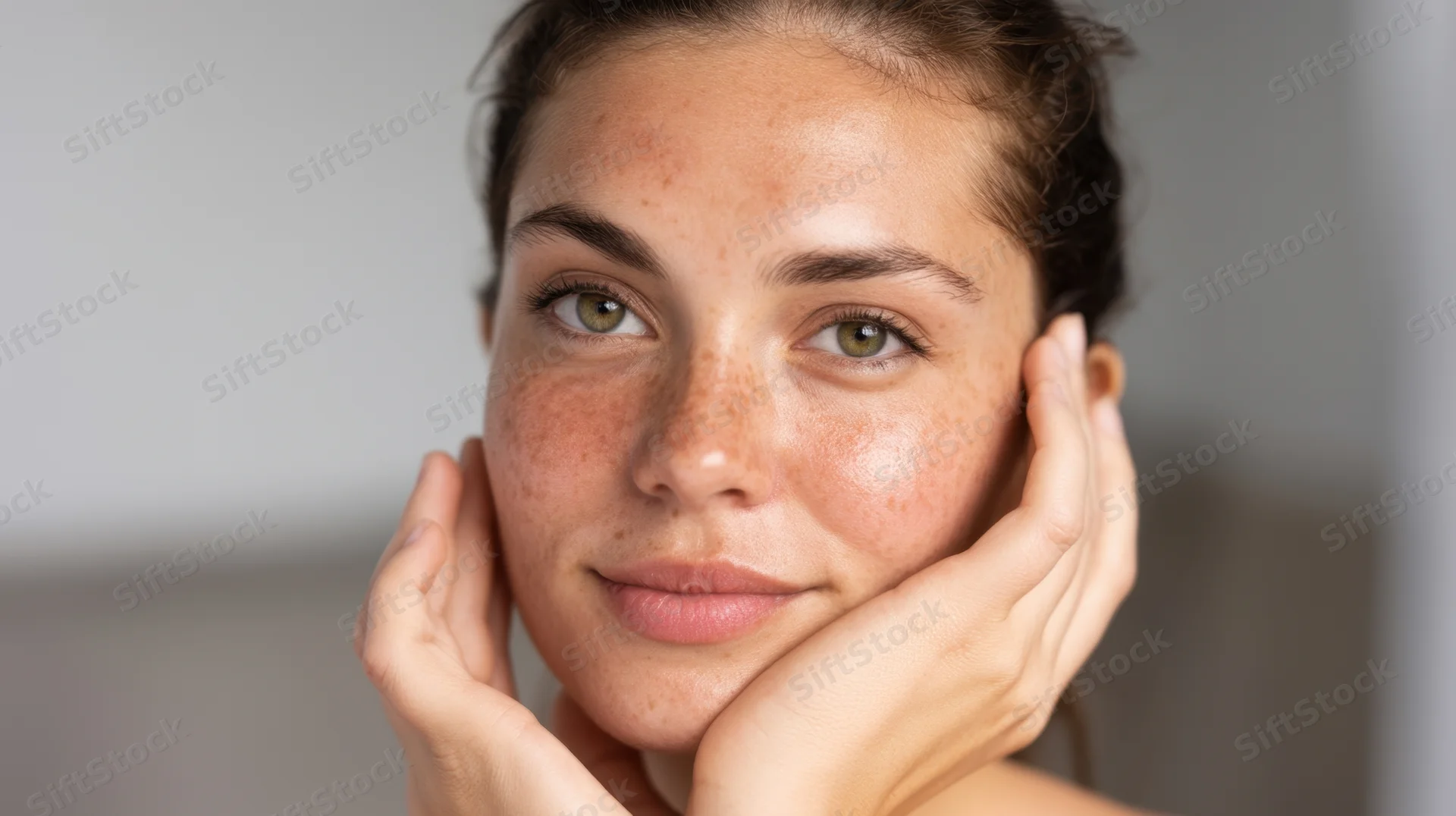 Young woman with freckles gently touching her face in close-up portrait