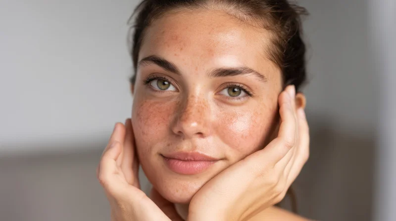 Young woman with freckles gently touching her face in close-up portrait