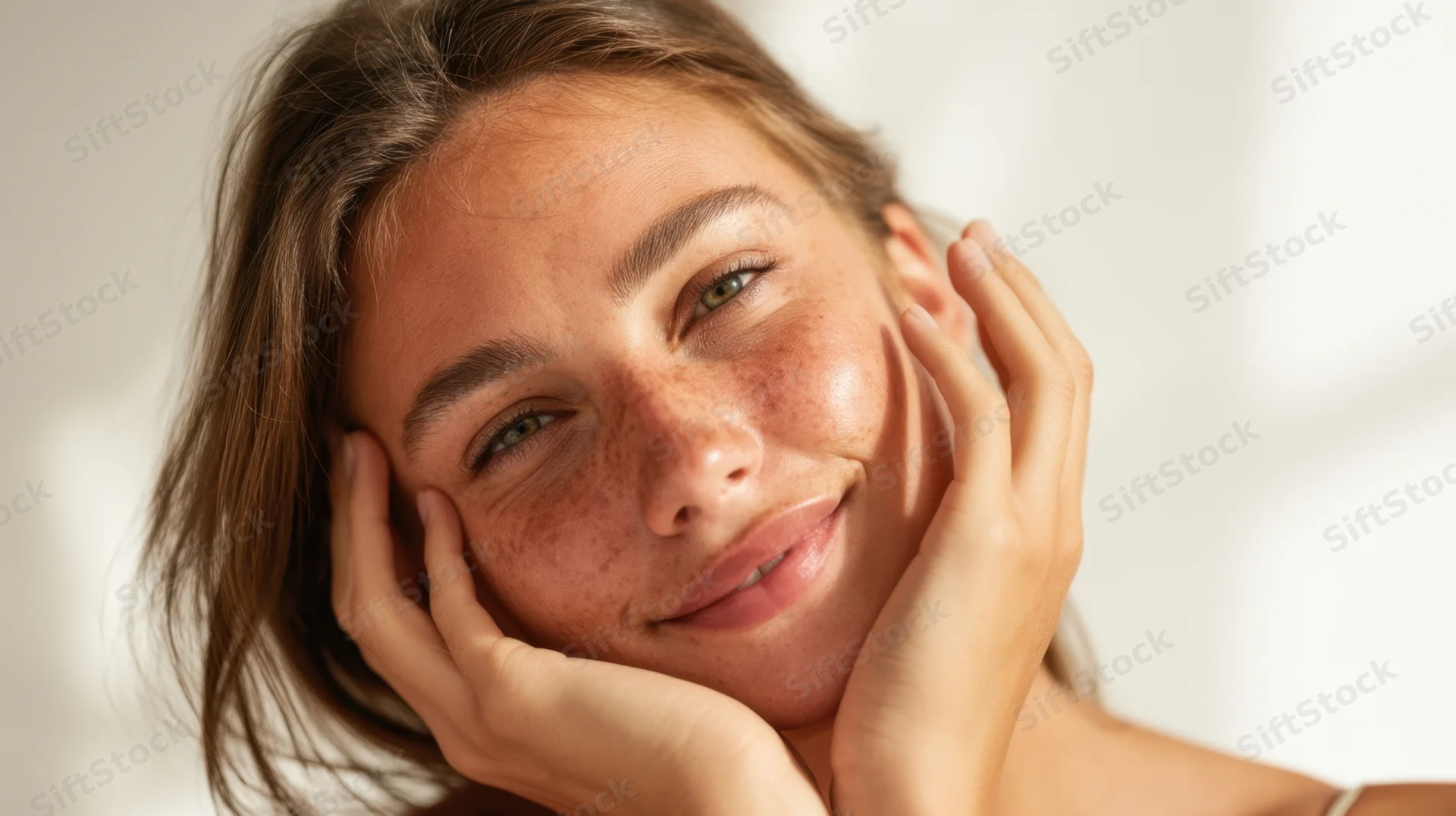 Woman smiling with hands on her face, close-up view of her freckled skin and natural glow