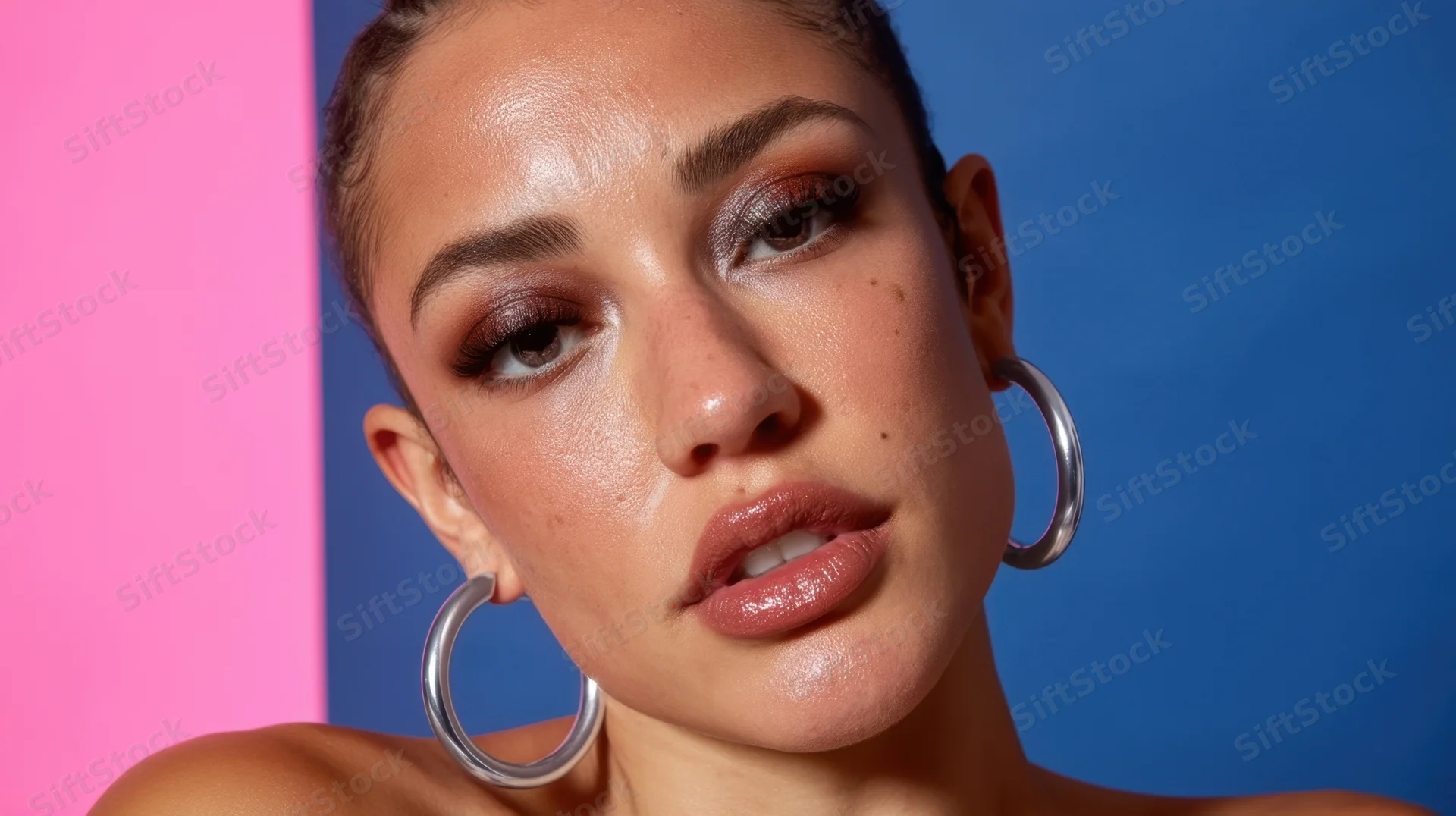 Close-up portrait of a woman with bold makeup and large hoop earrings against a pink and blue background