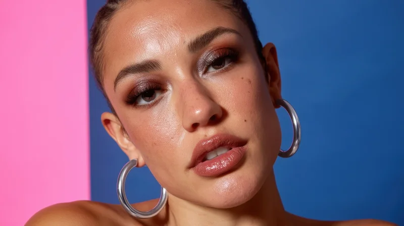 Close-up portrait of a woman with bold makeup and large hoop earrings against a pink and blue background