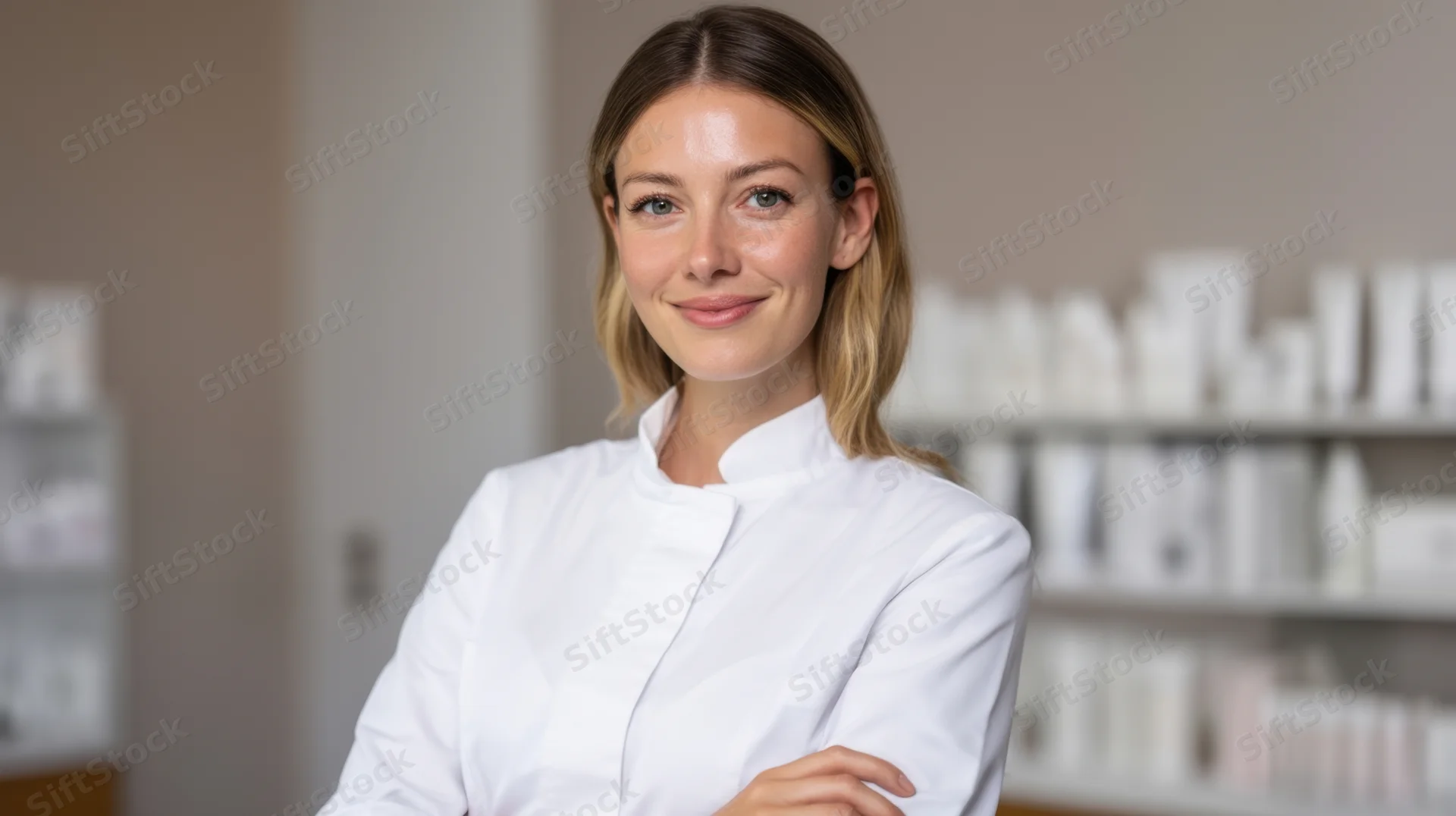 Smiling woman in white coat standing in pharmacy with arms crossed