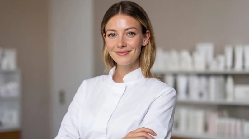 Smiling woman in white coat standing in pharmacy with arms crossed