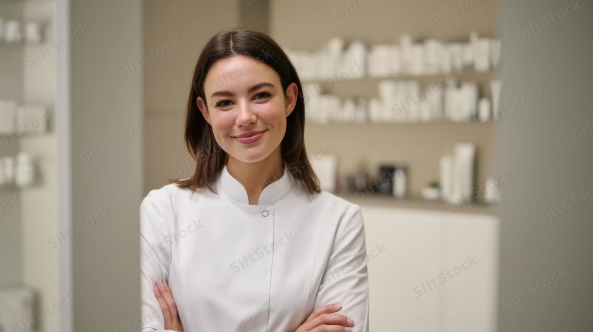 Woman smiling with arms crossed in a skincare salon interior