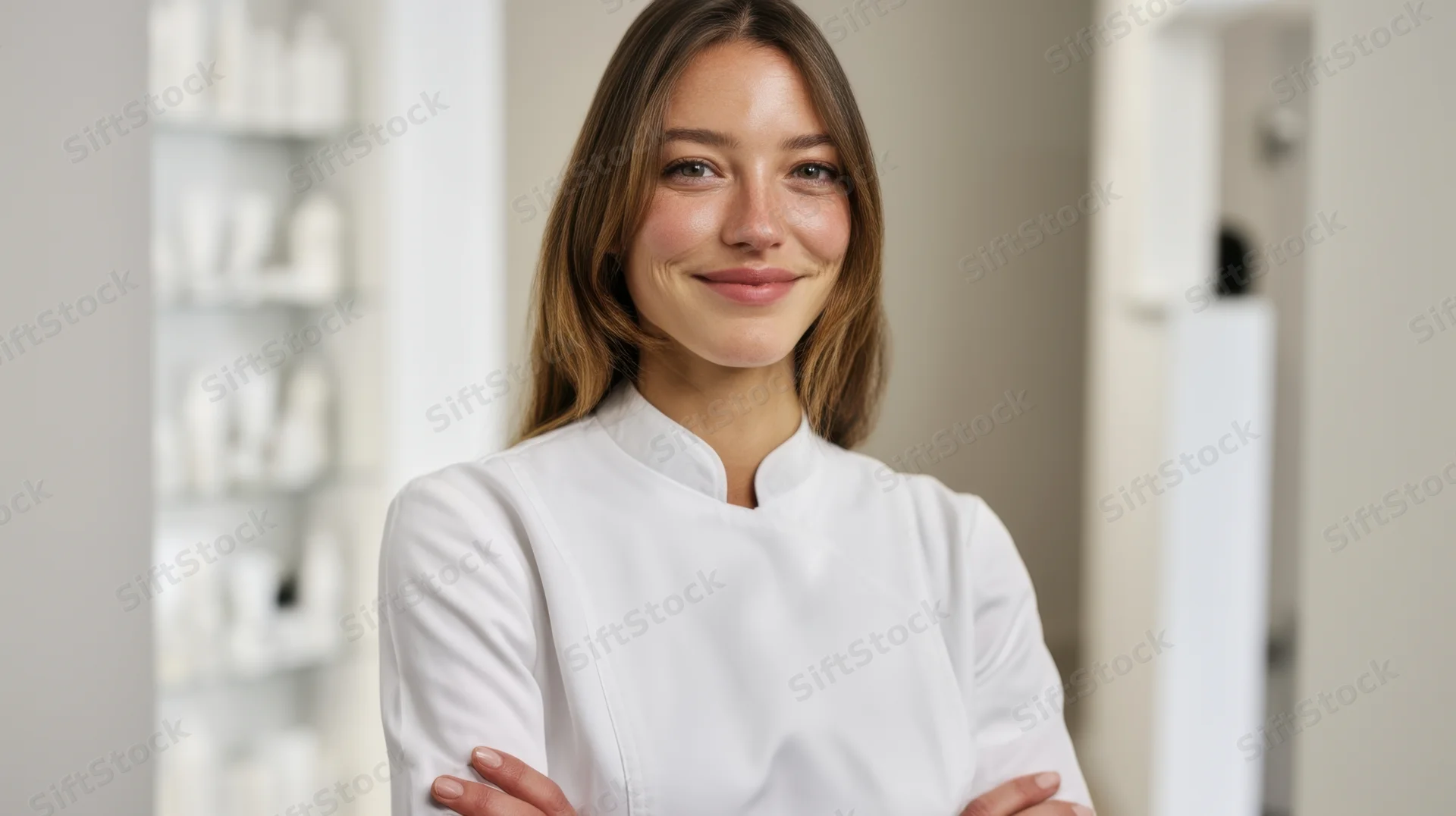 Confident woman in white uniform with arms crossed in a modern cafe interior