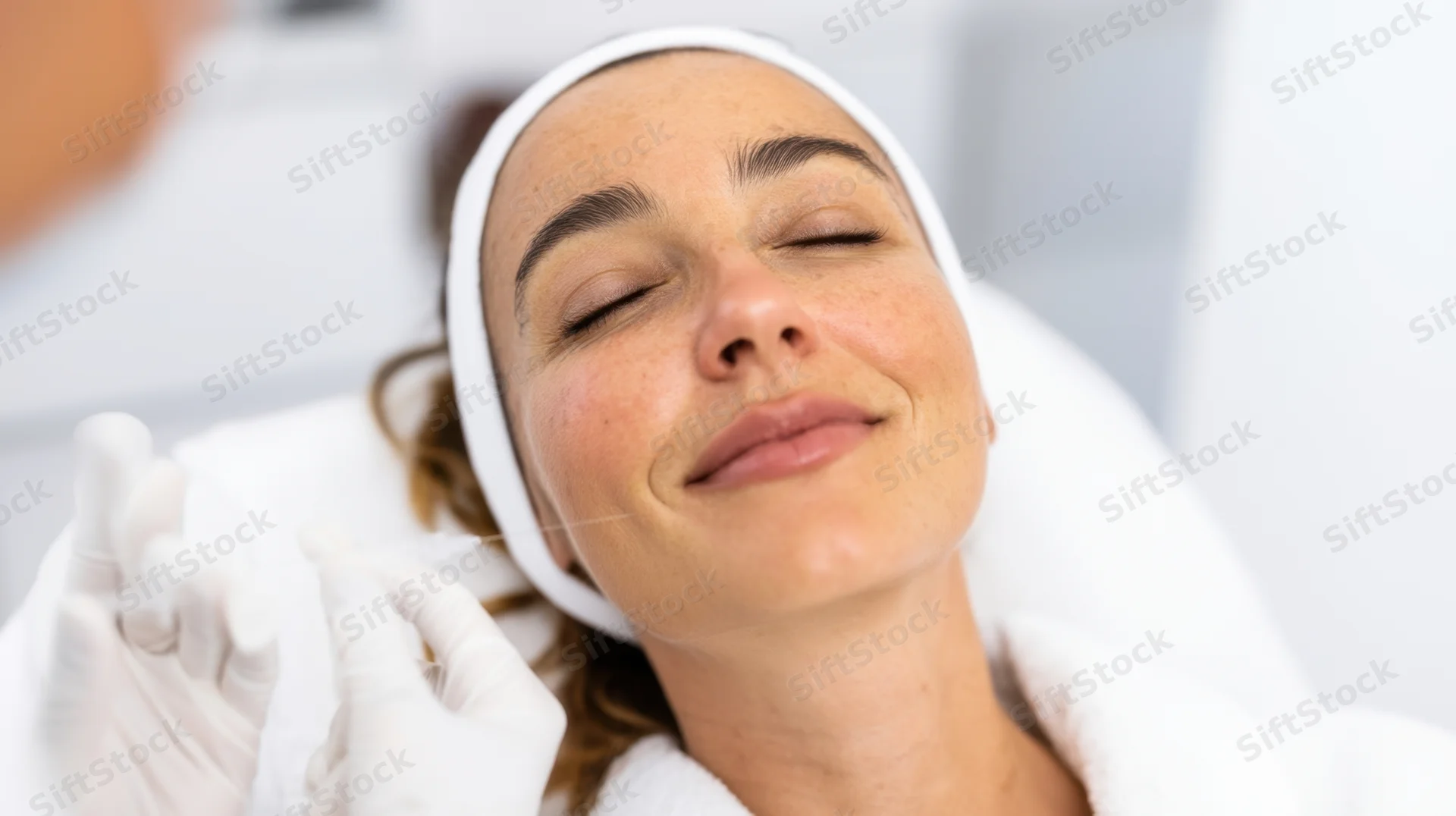 Woman receiving facial threading treatment in a spa setting