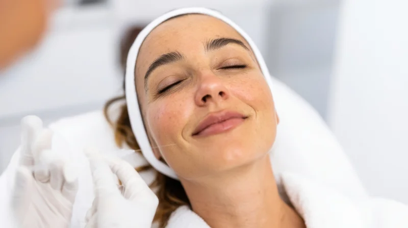 Woman receiving facial threading treatment in a spa setting
