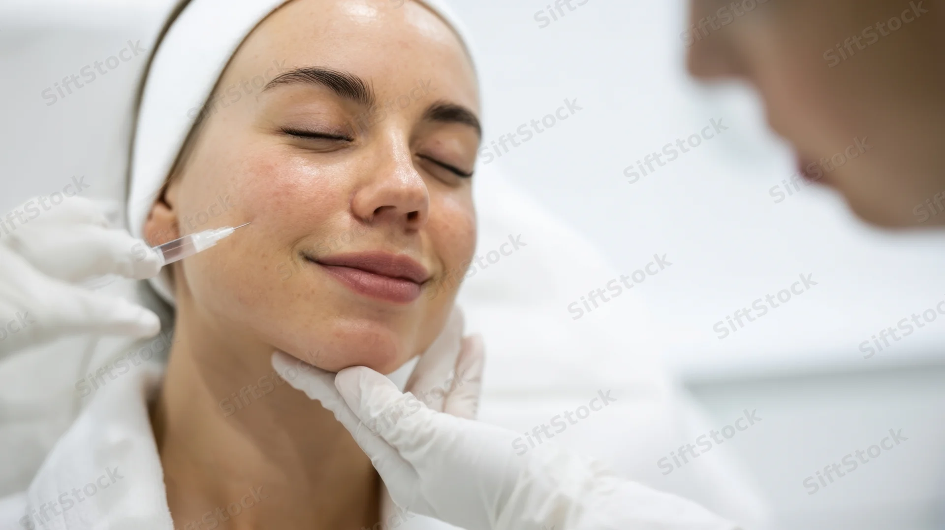 Woman receiving facial injection treatment in a clinic