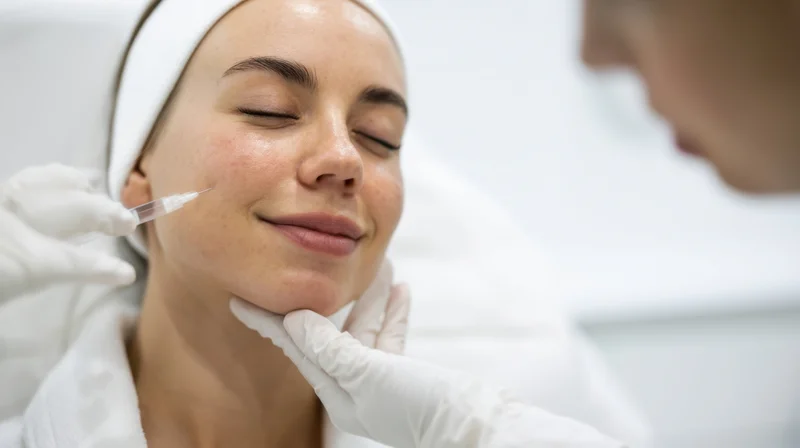 Woman receiving facial injection treatment in a clinic