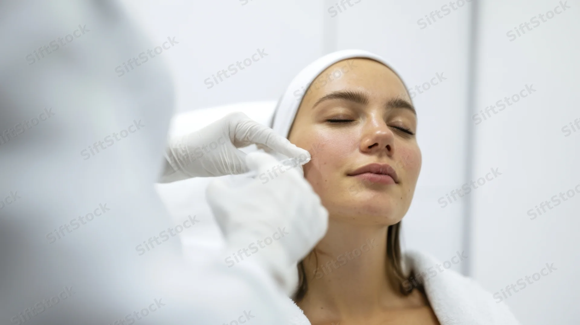 Woman receiving facial injection treatment in a clinic