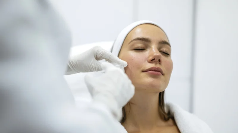 Woman receiving facial injection treatment in a clinic