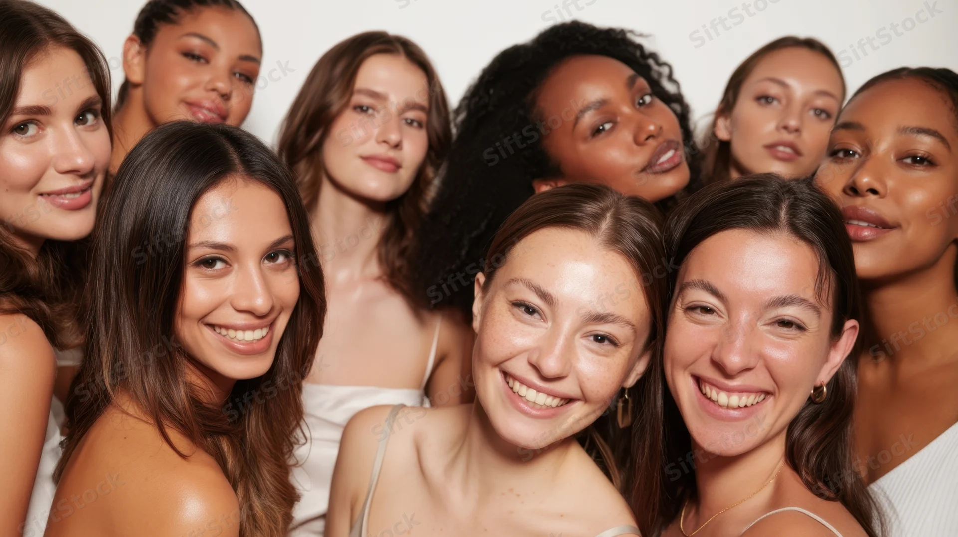 Diverse group of women smiling closely together in studio portrait