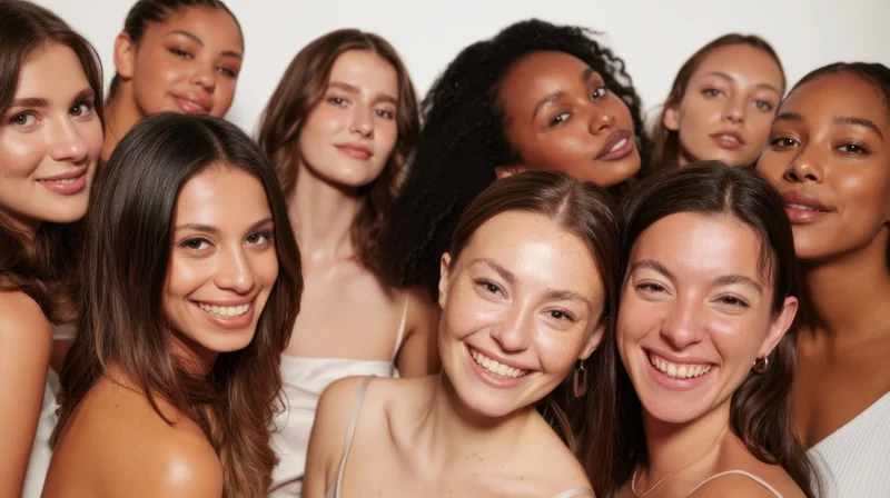 Diverse group of women smiling closely together in studio portrait