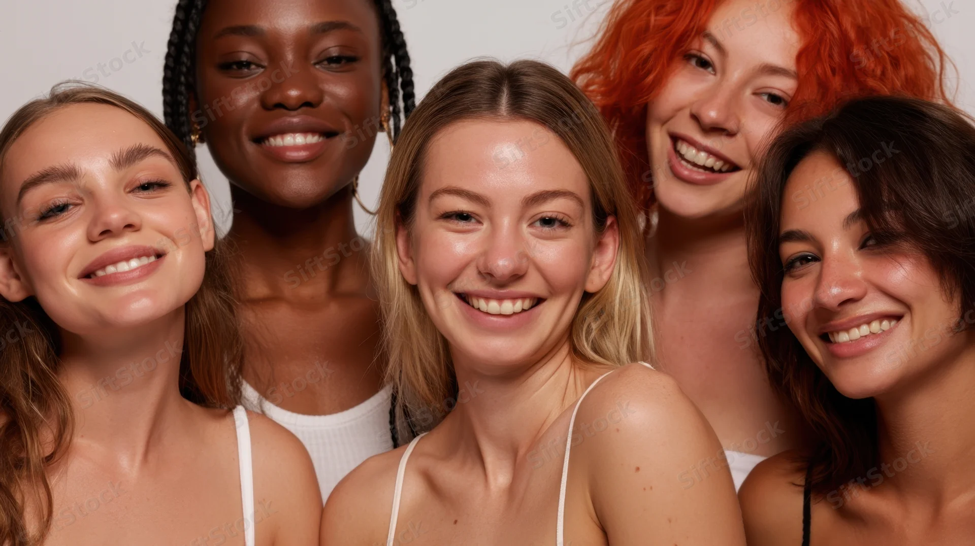 Five diverse women smiling closely together in a studio portrait