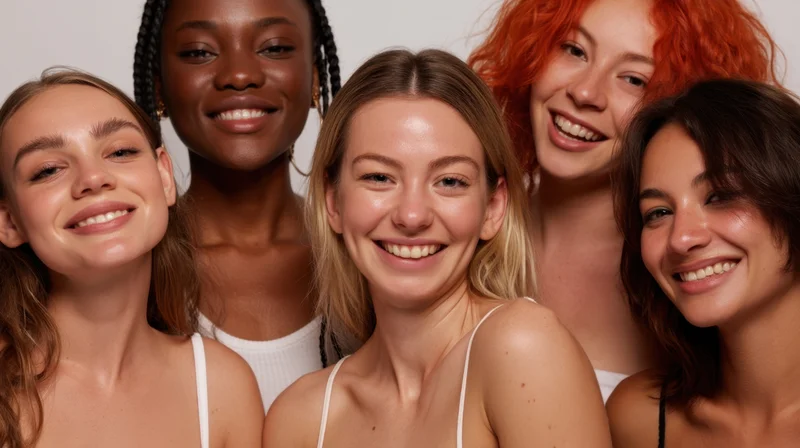 Five diverse women smiling closely together in a studio portrait