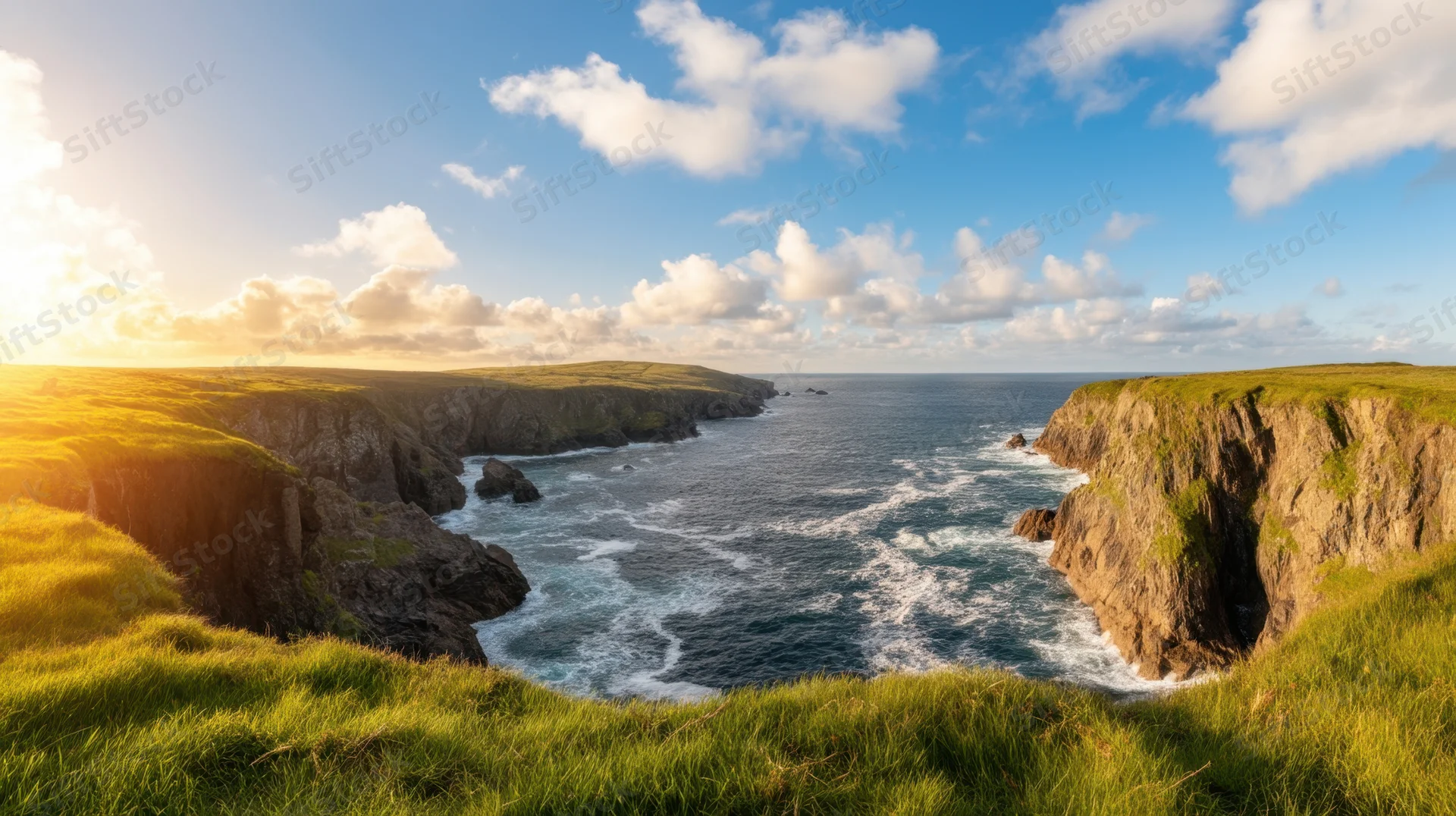 Dramatic coastline with rugged cliffs and ocean waves at sunset, viewed from grassy hilltop