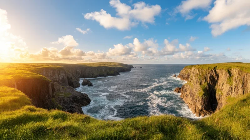 Dramatic coastline with rugged cliffs and ocean waves at sunset, viewed from grassy hilltop