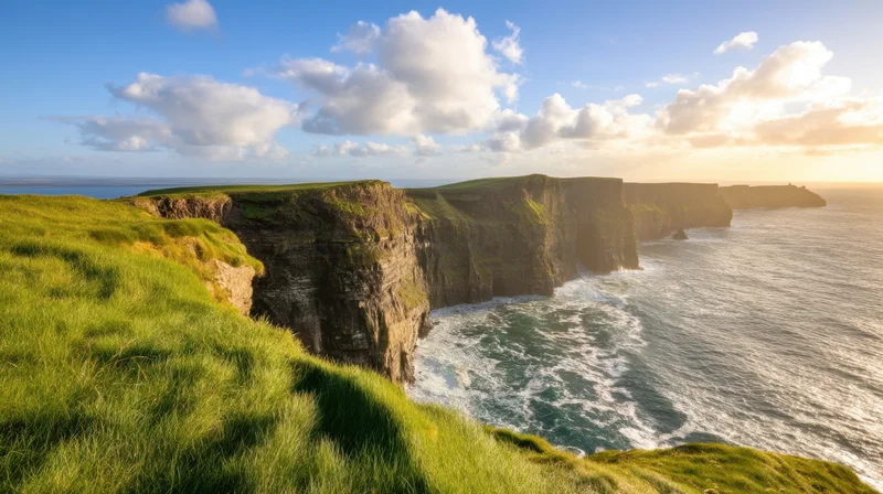 Dramatic cliffs overlooking the ocean at sunset with grassy top and waves crashing below