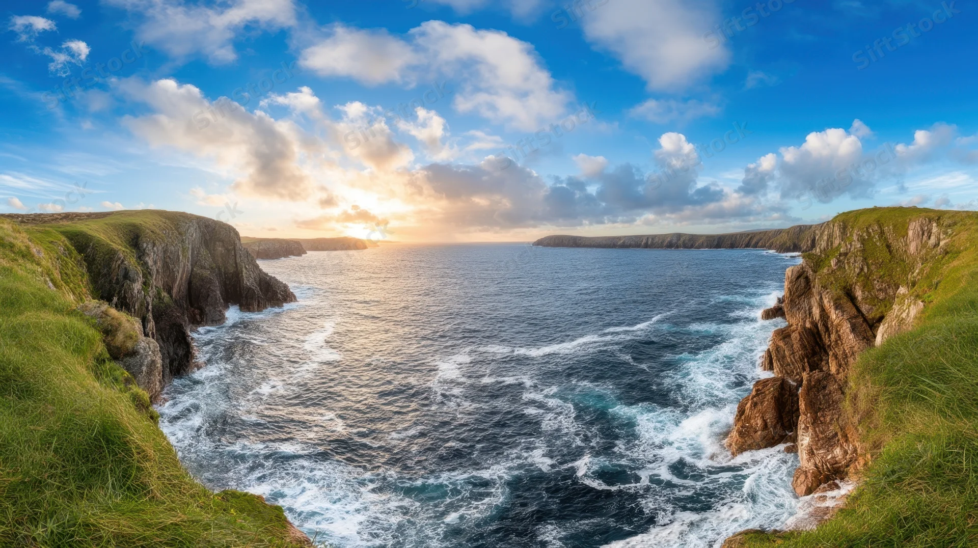 Dramatic coastal landscape with rugged cliffs and crashing waves at sunset