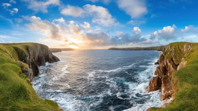 Dramatic coastal landscape with rugged cliffs and crashing waves at sunset