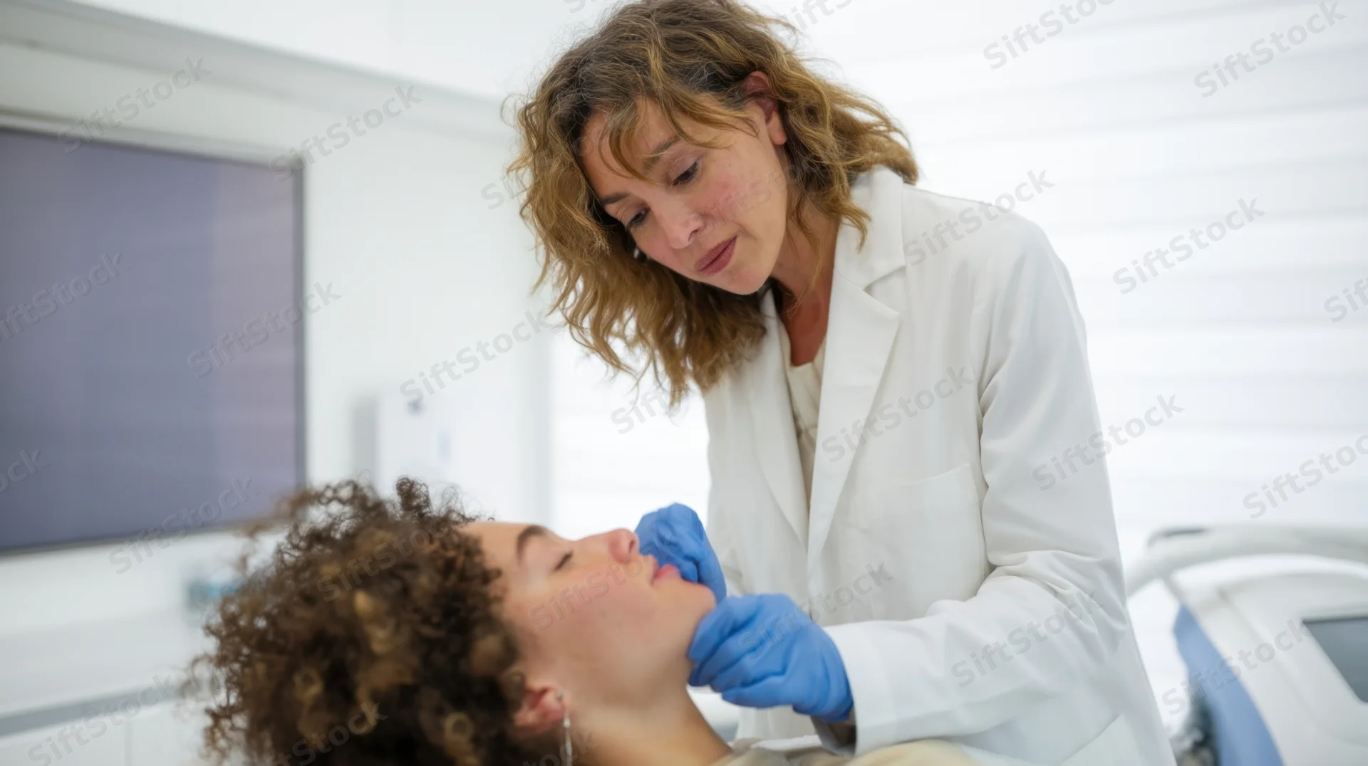 Dermatologist examining patient's skin in a clinic