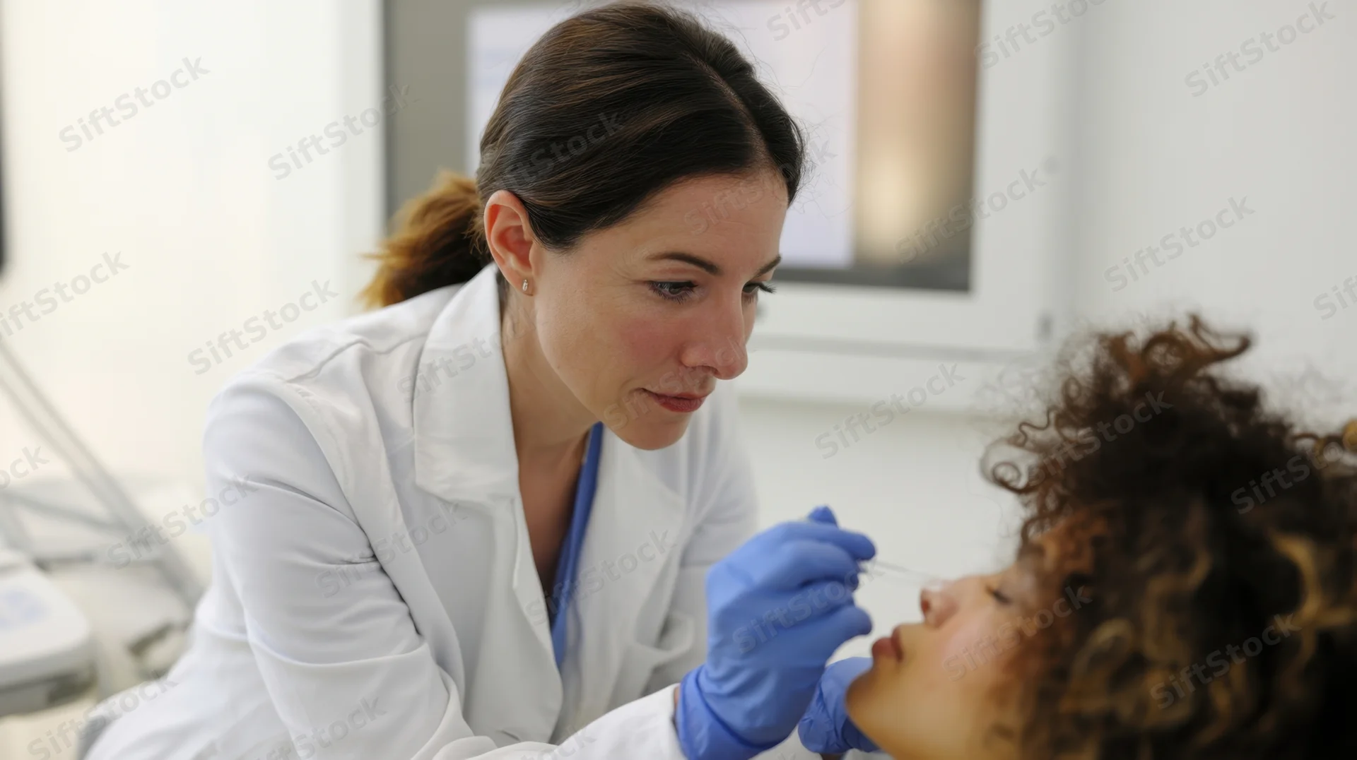 Female doctor performing nasal swab test on patient in clinic
