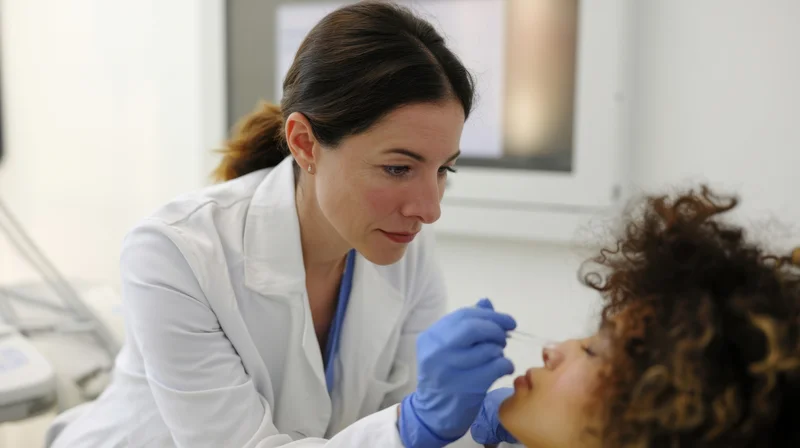 Female doctor performing nasal swab test on patient in clinic