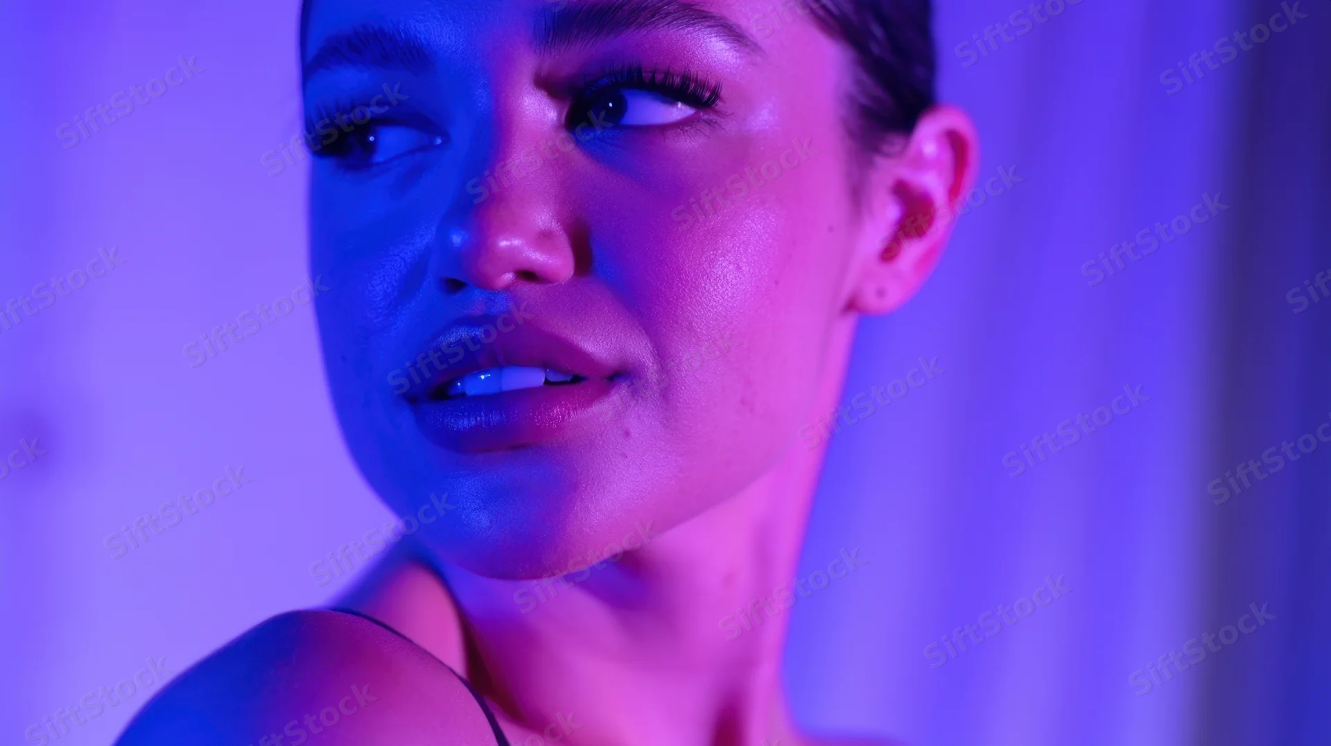 Woman in closeup portrait with glowing neon purple and blue lighting, showcasing makeup and smooth skin