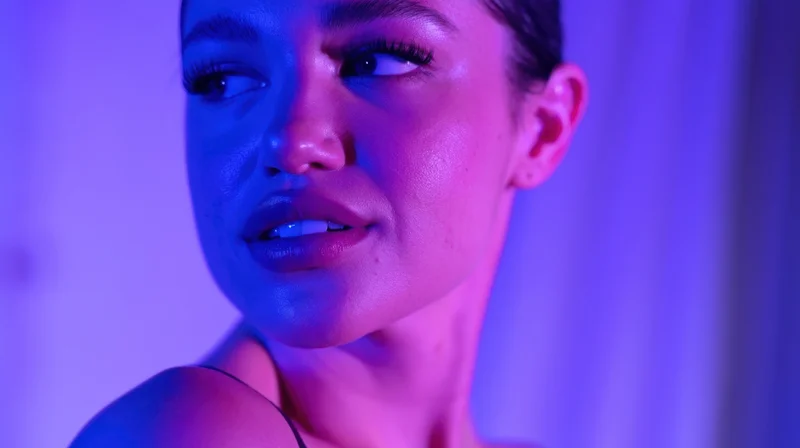 Woman in closeup portrait with glowing neon purple and blue lighting, showcasing makeup and smooth skin