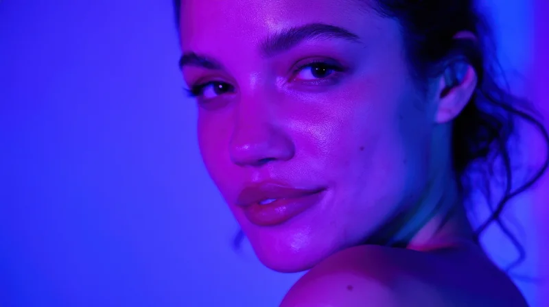 Woman with glowing skin under purple and blue neon lights in studio portrait