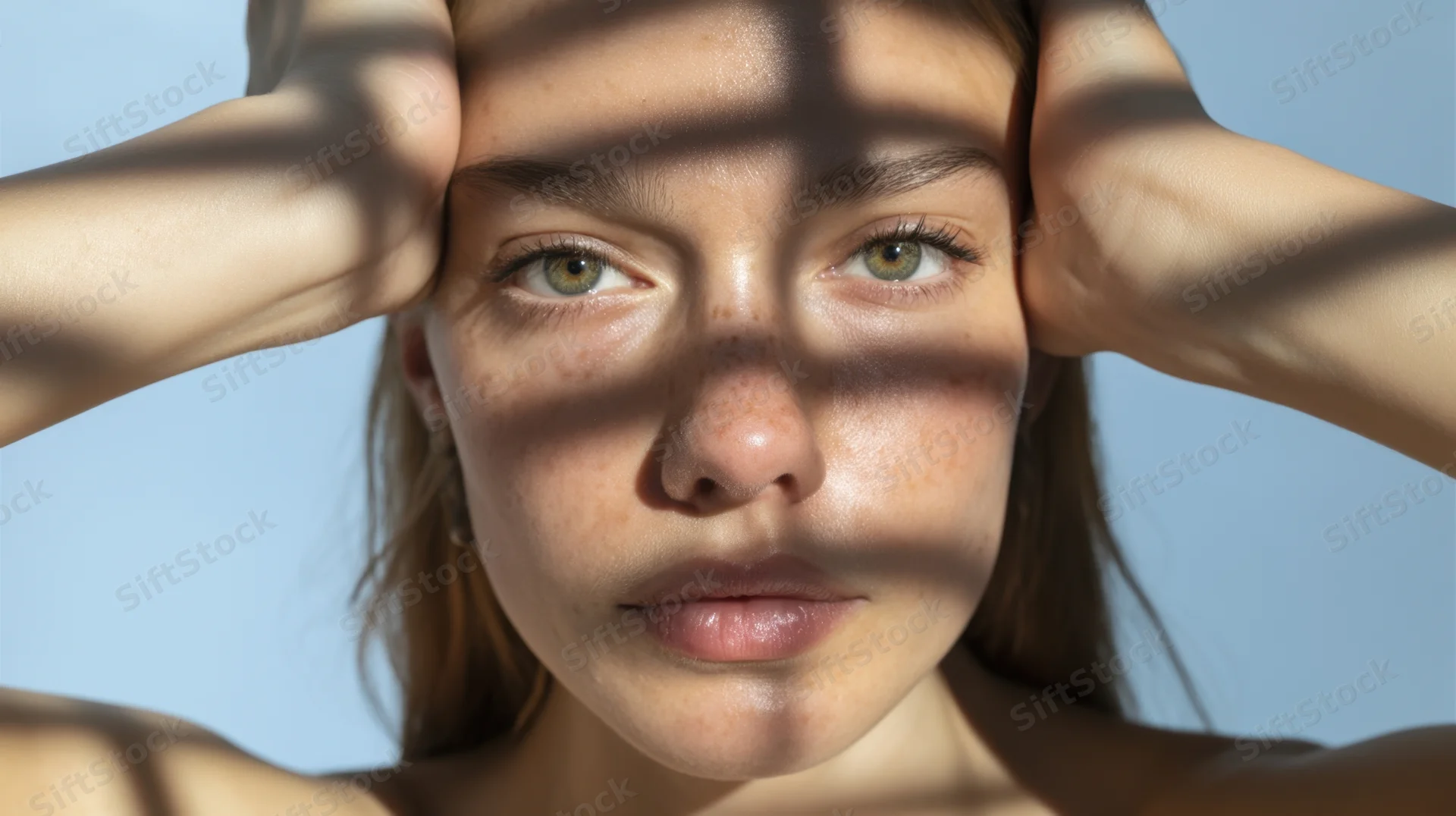 Closeup portrait of a young woman with freckles and green eyes, hands on head, natural light casting shadows on her face