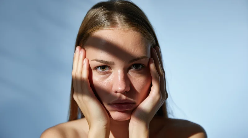 Woman holding her face with hands against a soft blue background