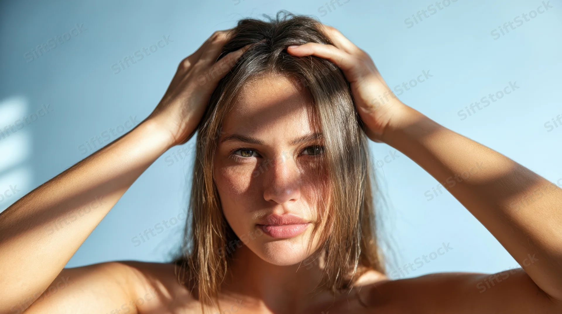 Woman with hands in her hair looking at camera against a blue background