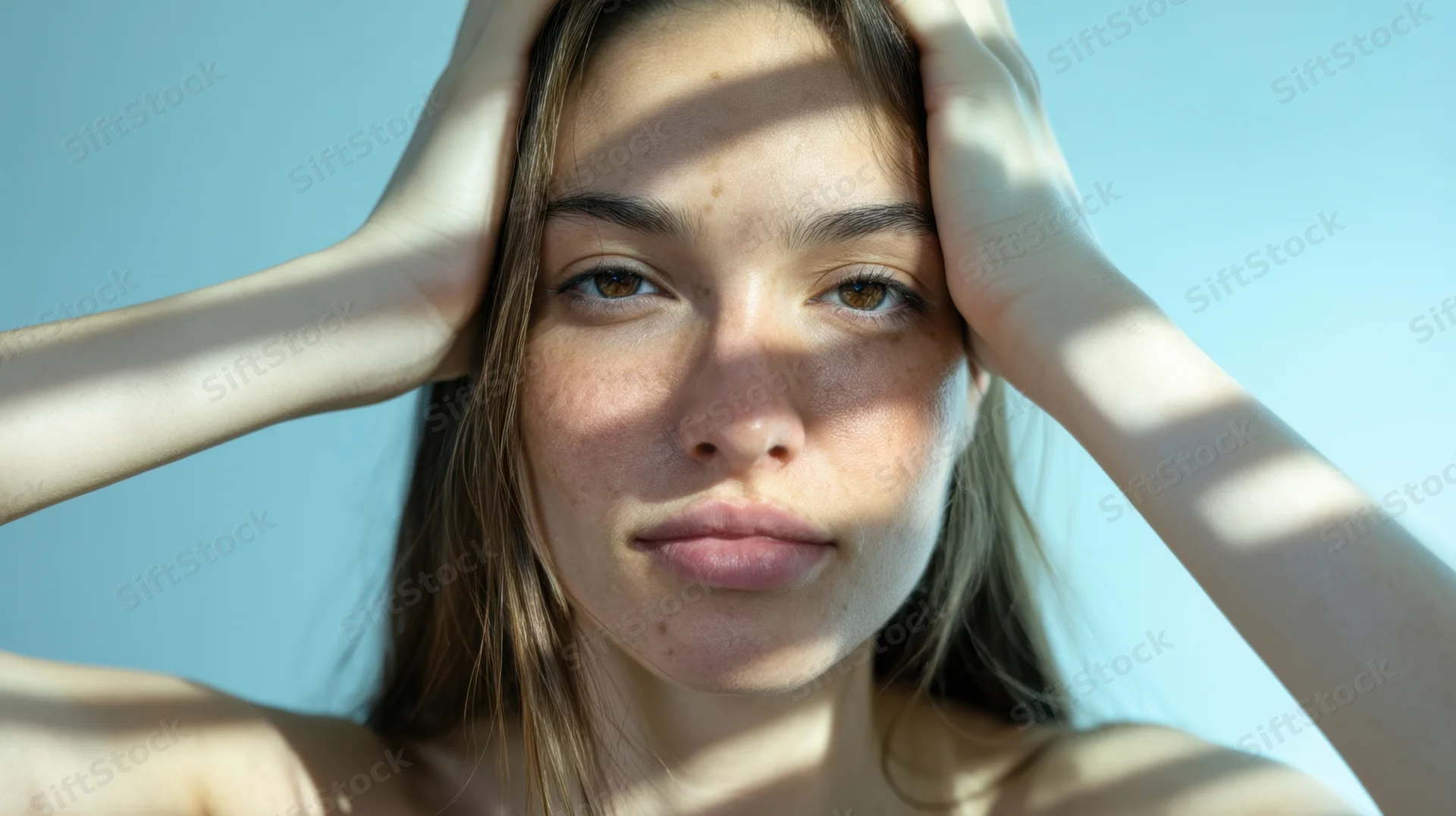 Young woman with hands on head, face in sunlight and shadow, blue background