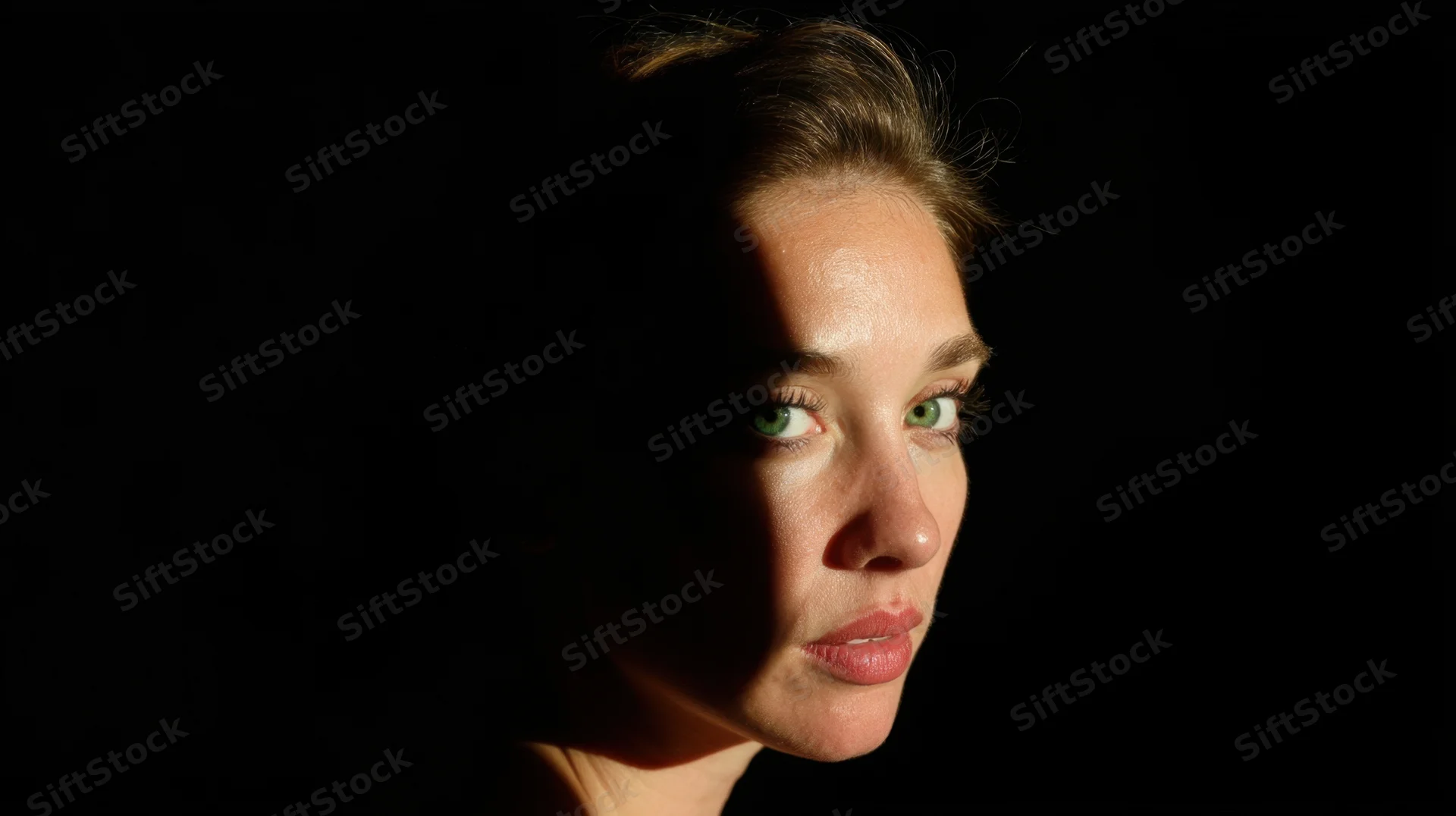 Woman in profile with dramatic lighting against black background