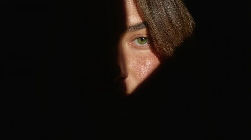 Closeup of a woman's face with one green eye visible in shadowed light