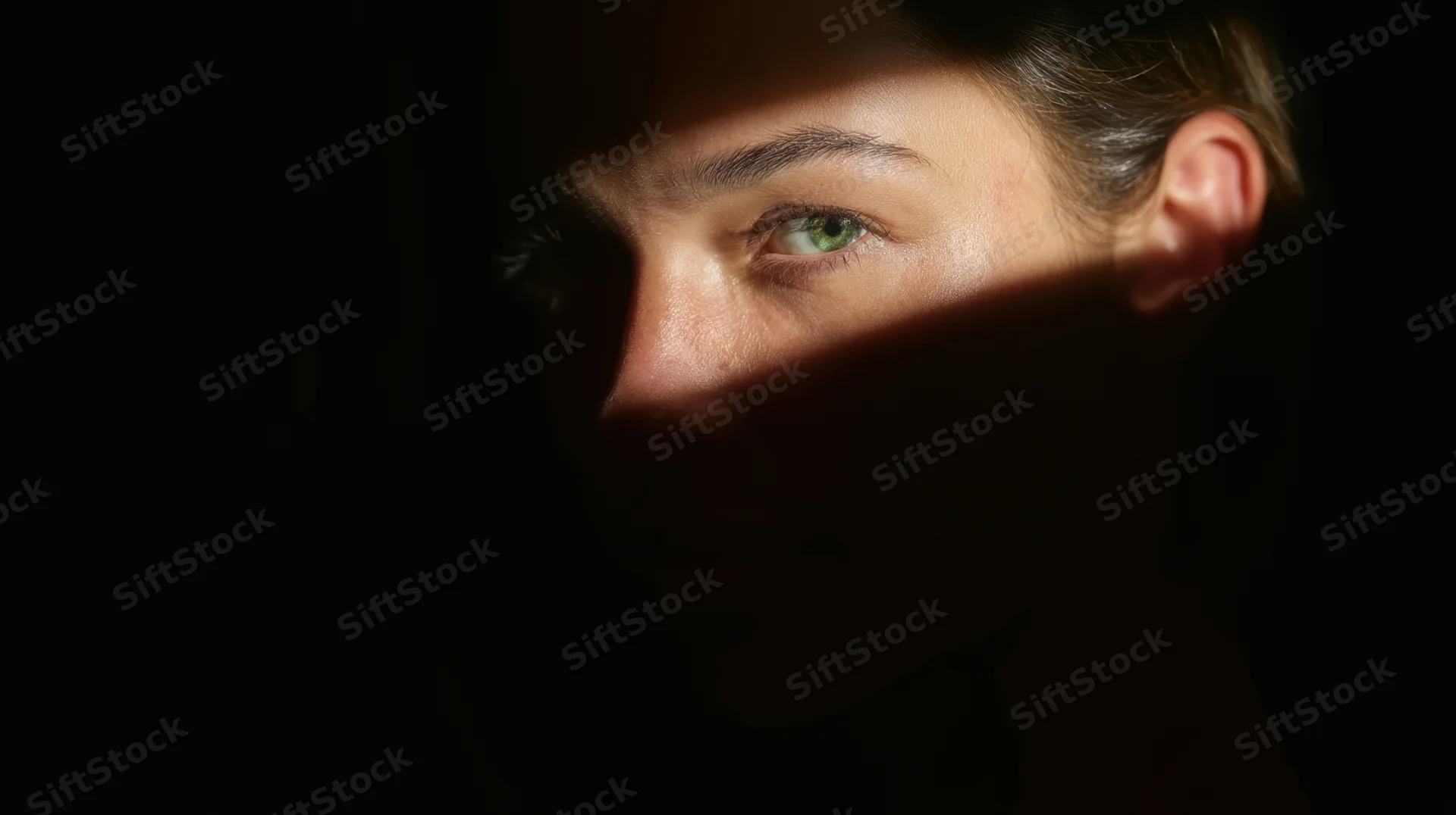 Closeup of a woman's face partially lit by shadow, showing one green eye and eyebrow in dramatic light