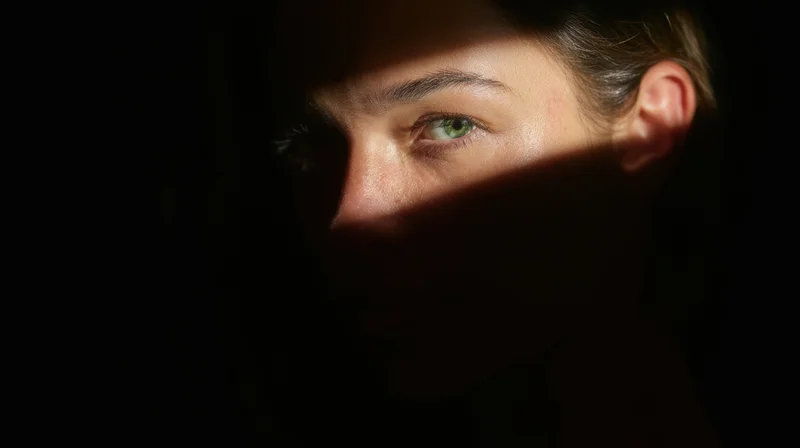 Closeup of a woman's face partially lit by shadow, showing one green eye and eyebrow in dramatic light