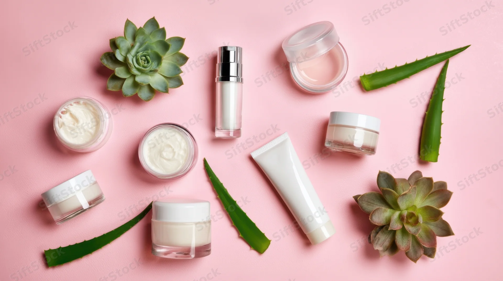 Skincare products and natural plants arranged on pink background in flat lay view