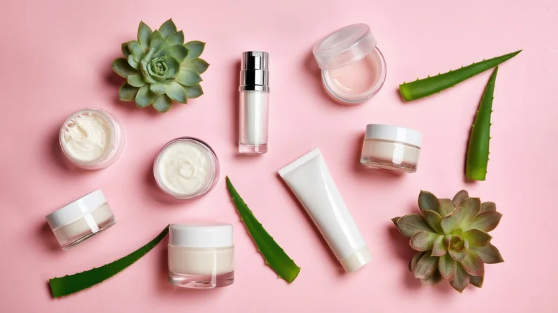 Skincare products and natural plants arranged on pink background in flat lay view