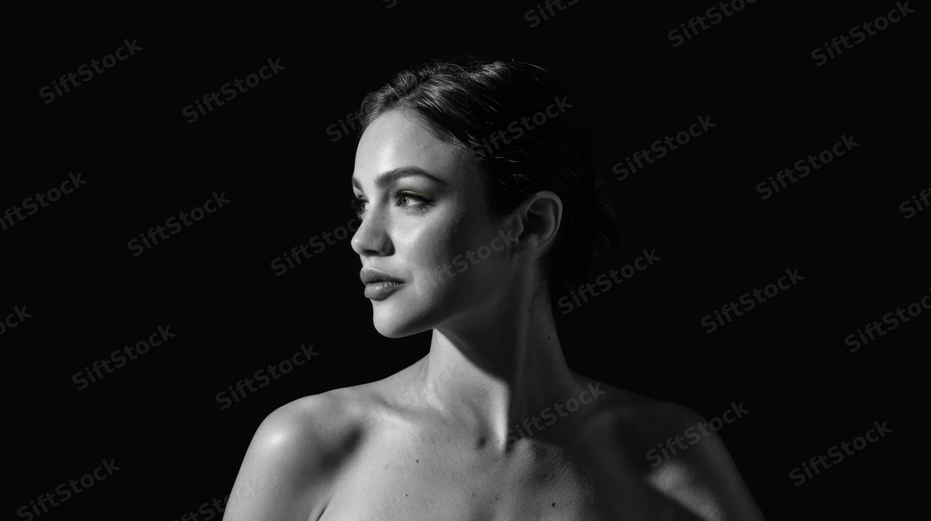 Woman in profile with soft lighting against dark background