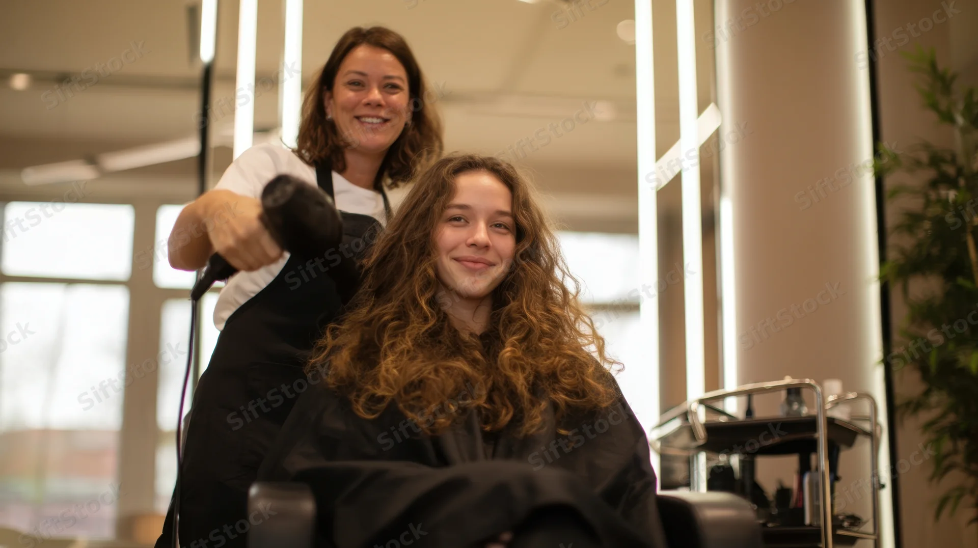 Hairdresser blowdrying curly hair of a smiling client in a modern salon chair