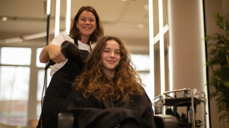 Hairdresser blowdrying curly hair of a smiling client in a modern salon chair