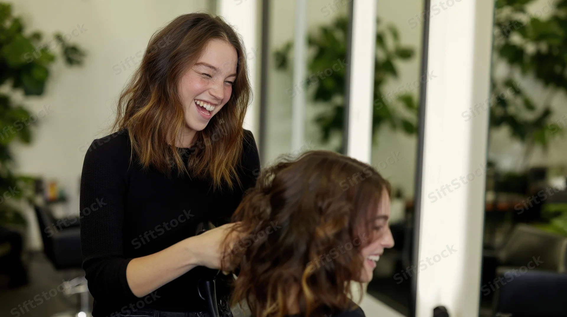 Hairstylist smiling while styling a client's hair in a salon