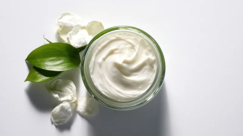 Open glass jar of white cream with green leaves and white petals on white surface